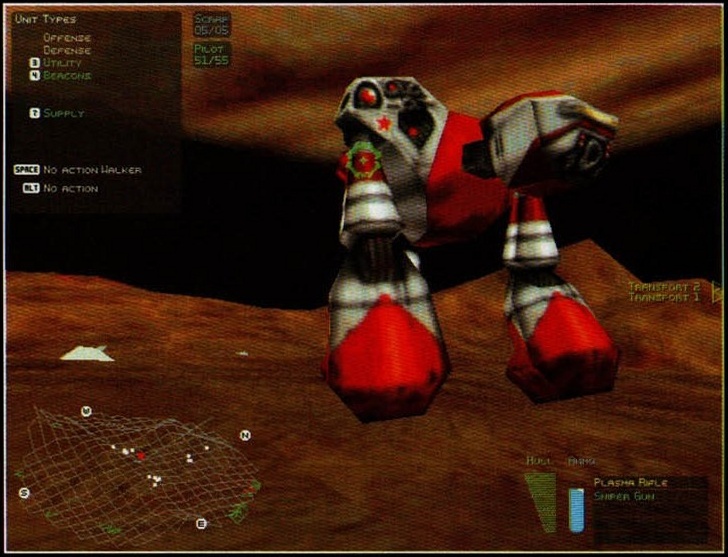 Screenshot mare: un Golem rusesc pe suprafața unei planete, cu interfața „Unit Types”. Legenda tipărită stă în banda portocalie de dedesubt: „Sus: ceea ce se cheamă un Golem rusesc. Un exemplu tipic al faptului ca rușii văd lucrurile un pic mai mici decât lumea obișnuită și simt nevoia să le mărească.”