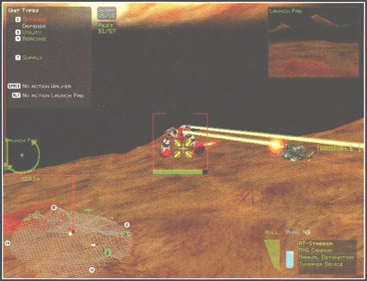 Screenshot mare din capul p22: atac cu tunul asupra unui transportor, cu fereastra „Launch Pad”. Legenda tipărită stă în banda portocalie de dedesubt: „Sus: un Golem din cei de care vă vorbeam ceva mai devreme are o discuție în contradictoriu cu un coleg american închis precum o conservă într-un tanc amărât. Și cum rusul e flămând din fire...”