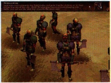 Screenshot fără legendă tipărită, marginea din dreapta: pluton de berserkeri pe un drum pietruit; în capul imaginii, textul de misiune al jocului, „Homecoming”
