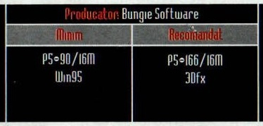 Banda de specificații din capul paginii: „Producator: Bungie Software”, cu coloanele „Minim” și „Recomandat”