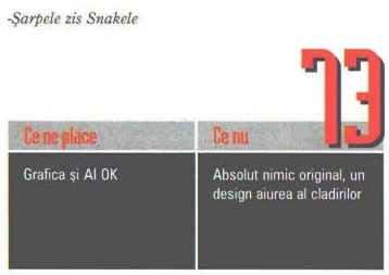 Nota finală — 73 — și caseta „Ce ne place” / „Ce nu”; cifrele roșii stau deasupra și peste banda gri de titlu a casetei, iar în colțul din stânga-sus al decupajului intră semnătura „-Șarpele zis Snakele”