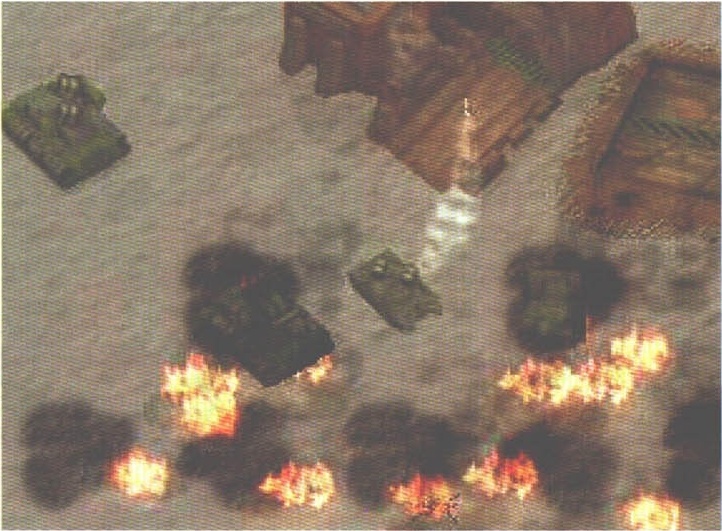 Screenshot mare din capul paginii, fără legendă tipărită: teren maroniu cu clădiri distruse și un șir de explozii