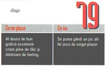 Nota finală — 79 — și caseta „Ce ne place” / „Ce nu”; cifrele roșii stau deasupra și peste banda gri de titlu a casetei, iar în colțul din stânga-sus al decupajului intră semnătura „-Bugs”