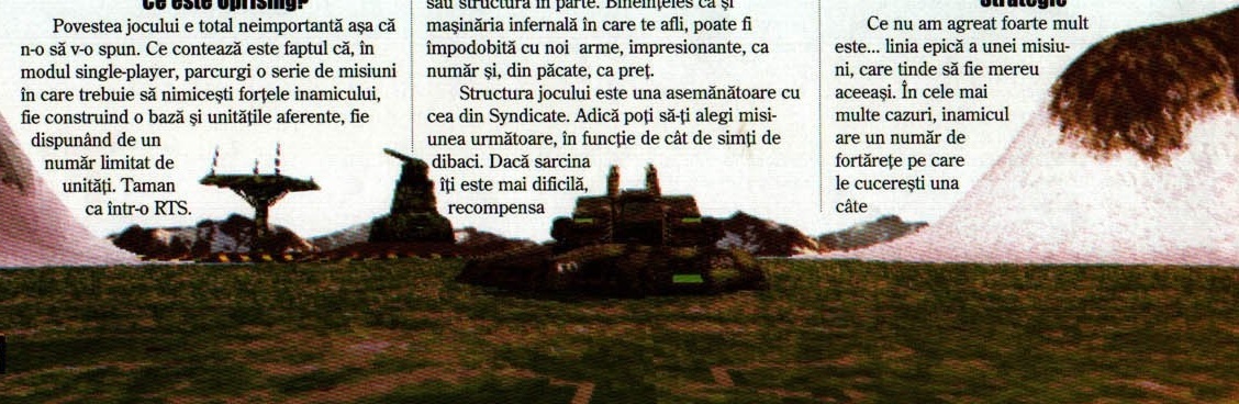 Ilustrația mare din josul paginii 28, pe toată lățimea, cu contur neregulat: peisaj marțian cu iarbă verde, tancuri, fortărețe și antene, iar dealul din dreapta urcă până în dreptul coloanei a treia. Dreptunghiul care cuprinde toată ilustrația prinde inevitabil ultimele rânduri ale celor trei coloane de text — cazul-excepție din SPEC §4.3
