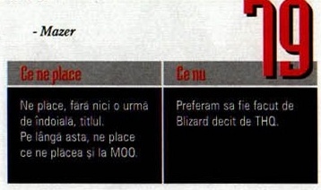 Nota finală — 79 — și caseta „Ce ne place” / „Ce nu”; cifrele roșii stau deasupra și peste banda gri de titlu a casetei, iar în colțul din stânga-sus al decupajului intră semnătura „- Mazer”