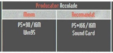Banda de specificații din capătul interior (stânga) al mastheadului: „Producator: Accolade”, cu coloanele „Minim” și „Recomandat”