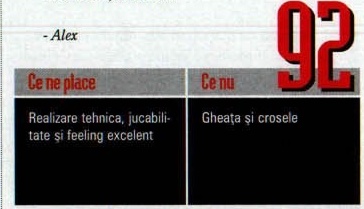 Nota finală — 92 — și caseta „Ce ne place” / „Ce nu”; cifrele roșii stau deasupra și peste banda gri de titlu a casetei, iar semnătura „- Alex” intră în decupaj