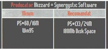 Banda de specificații din capătul interior (stânga) al mastheadului: „Producator Blizzard - Synergystic Software”, cu coloanele „Minim” și „Recomandat”