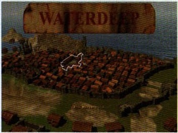 Vedere de ansamblu asupra orașului Waterdeep, cu titlul „WATERDEEP” pe un banner