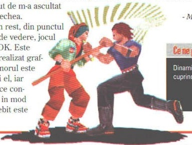 Decupaj neregulat, în piciorul paginii: doi luptători prinși în schimb de lovituri, cu raze galbene în spate și umbră pe sol. Dreptunghiul care cuprinde tot artwork-ul prinde inevitabil rânduri din coloana 2 la stânga și colțul din stânga-jos al casetei de verdict la dreapta (excepția SPEC §4.3)