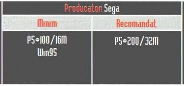 Banda de specificații din capătul interior (stânga) al mastheadului: „Producator Sega”, cu coloanele „Minim” și „Recomandat”