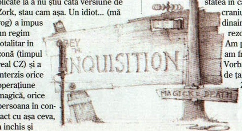 Decupaj neregulat, la mijlocul paginii: panoul de lemn al Inchiziției, cu inscripțiile „OBEY THE INQUISITION” (primul cuvânt este parțial acoperit de stâlp; citit la 9x) și „MAGICK = DEATH”. Textul curge în jurul lui, așa că dreptunghiul care cuprinde tot artwork-ul prinde inevitabil rânduri din coloana 1 la stânga și din coloana 2 la dreapta (excepția SPEC §4.3)