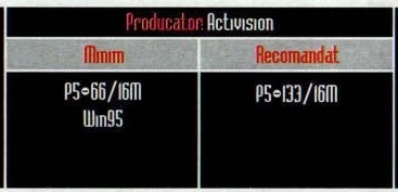 Banda de specificații din capătul interior (dreapta) al mastheadului: „Producator Activision”, cu coloanele „Minim” și „Recomandat”