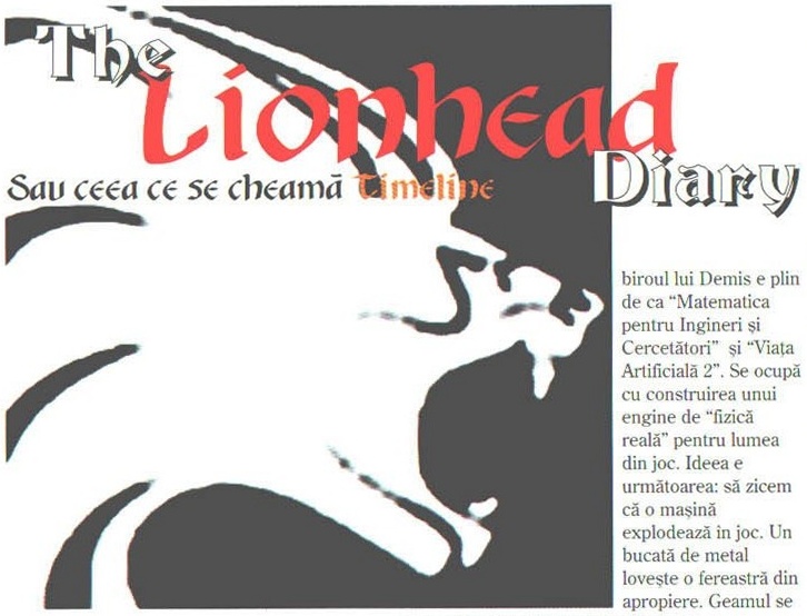 Capul de rubrică „The Lionhead Diary / Sau ceea ce se cheamă Timeline", peste desenul unui cap de leu în tuș. Dreptunghiul cuprinde tot desenul, deci prinde și prima coloană de text a articolului.