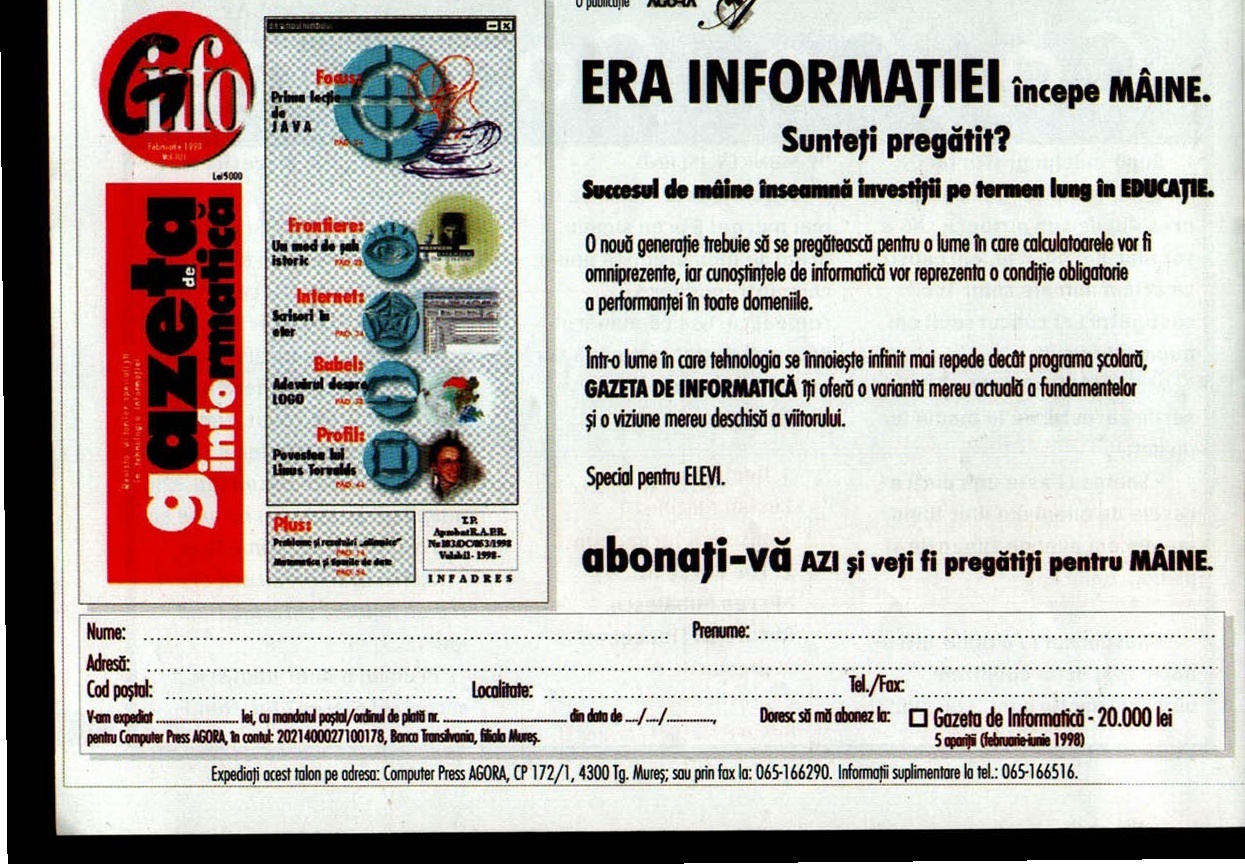 Reclamă Gazeta de Informatică / Computer Press AGORA, cu talon de abonament