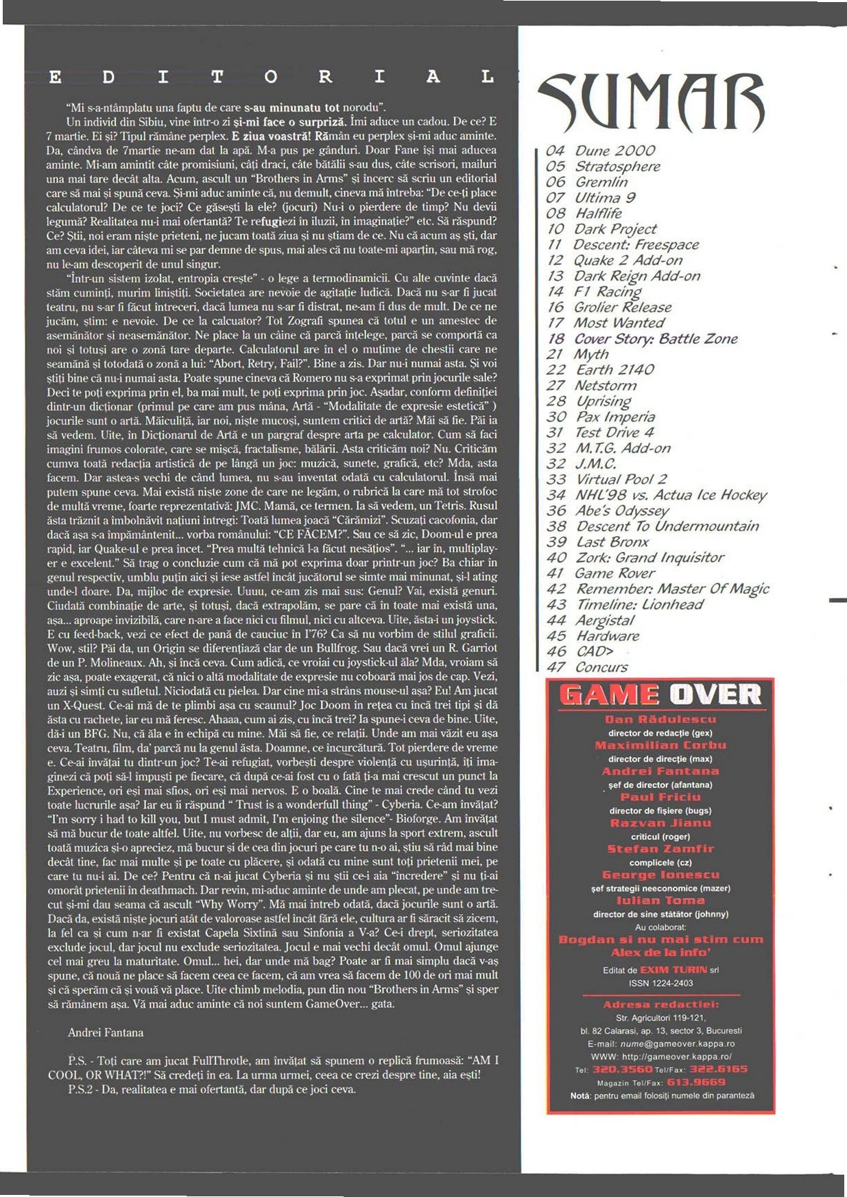 Numărul 10, pagina 4 — Sumar · Editorial · Caseta redacțională
