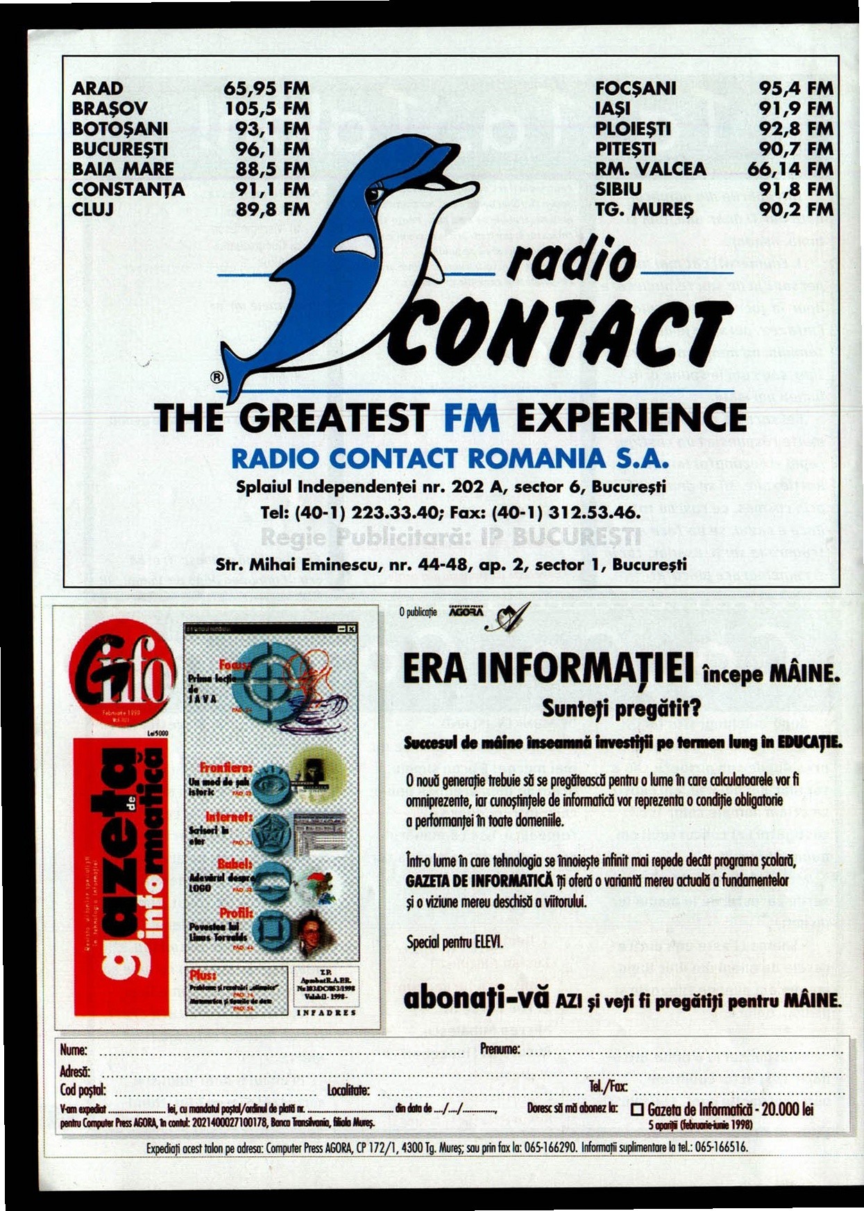 Numărul 10, pagina 50 — Radio Contact / Gazeta de Informatică (reclame)