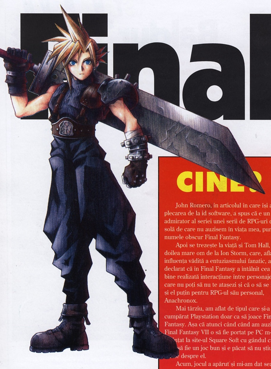 Ilustrația de deschidere a articolului: Cloud Strife cu Buster Sword, peste titlul „Final”. Ilustrația nu are chenar, iar textul roșu curge în jurul ei; dreptunghiul de decupaj prinde inevitabil colțul din stânga-sus al panoului roșu (titlul „CINE?” și primele rânduri de text).