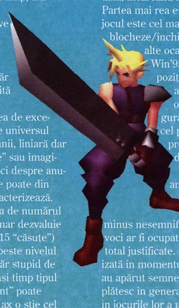 Randare 3D a lui Cloud cu Buster Sword, așezată în mijlocul panoului ALTCEVA. Ilustrația nu are chenar și textul curge în jurul ei, așa că dreptunghiul de decupaj prinde rânduri din ambele coloane ale panoului.