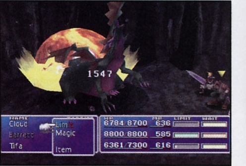 Screenshot: un damage de 1547 de puncte afișat în luptă; meniul Cloud / Barrett / Tifa