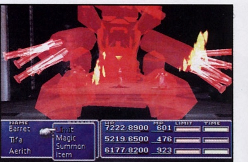 Screenshot: boss roșu în luptă; meniul Barret / Tifa / Aerith cu Limit, Magic, Summon, Item
