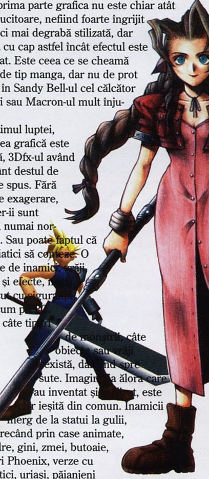 Ilustrații: Aeris (dreapta) și Cloud (stânga), două randări 3D tipărite PESTE coloana de text. Nu au chenar și textul curge în jurul lor, așa că dreptunghiul de decupaj prinde inevitabil o bună parte din coloană.