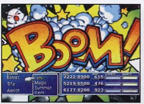 Screenshot: cadru „BOOM!” în stil de bandă desenată, cu meniul Barret / Tifa / Aerith și barele de HP