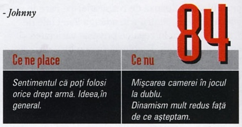 Nota finală — 84 — și caseta „Ce ne place” / „Ce nu”; cifrele roșii stau în dreapta, peste colțul casetei, iar în colțul din stânga-sus al decupajului intră semnătura „- Johnny”