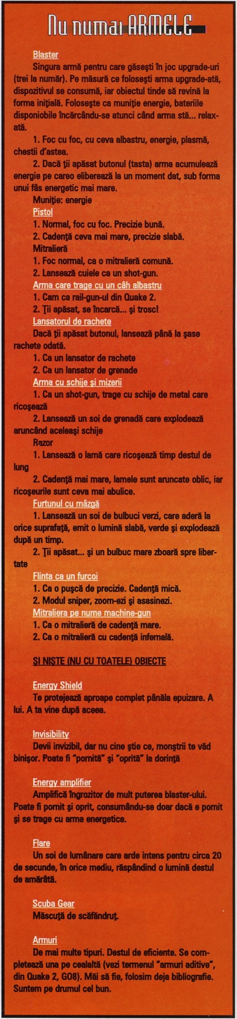 Caseta portocalie „Nu numai ARMELE” din treimea dreaptă a paginii: lista armelor și a obiectelor din joc