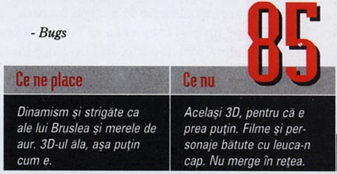 Nota finală — 85 — și caseta „Ce ne place” / „Ce nu”; cifrele roșii stau deasupra și peste banda gri de titlu a casetei, iar în colțul din stânga-sus al decupajului intră semnătura „- Bugs”
