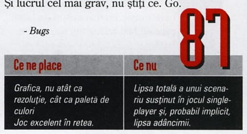 Nota finală — 87 — și caseta „Ce ne place” / „Ce nu”; cifrele roșii stau deasupra și peste banda gri de titlu a casetei, iar în colțul din stânga-sus al decupajului intră ultimul rând al corpului și semnătura „- Bugs”