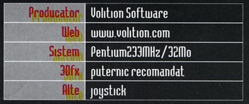 Caseta General Info: Producator Volition Software, Web www.volition.com, Sistem Pentium233MHz/32Mo, 3Dfx puternic recomandat, Alte joystick