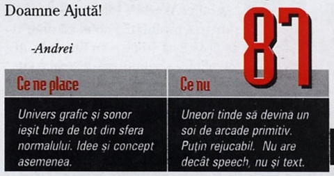Score Board: nota finală 87, lângă caseta „Ce ne place” / „Ce nu”