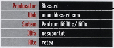 Caseta General Info: Producator Blizzard, Web www.blizzard.com, Sistem Pentium 166MHz/16Mo, 3Dfx nesuportat, Alte retea