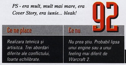 Nota finală — 92 — și caseta „Ce ne place” / „Ce nu”; cifrele roșii stau peste banda gri de titlu a casetei, iar în colțul din stânga-sus al decupajului intră cele două rânduri ale PS-ului