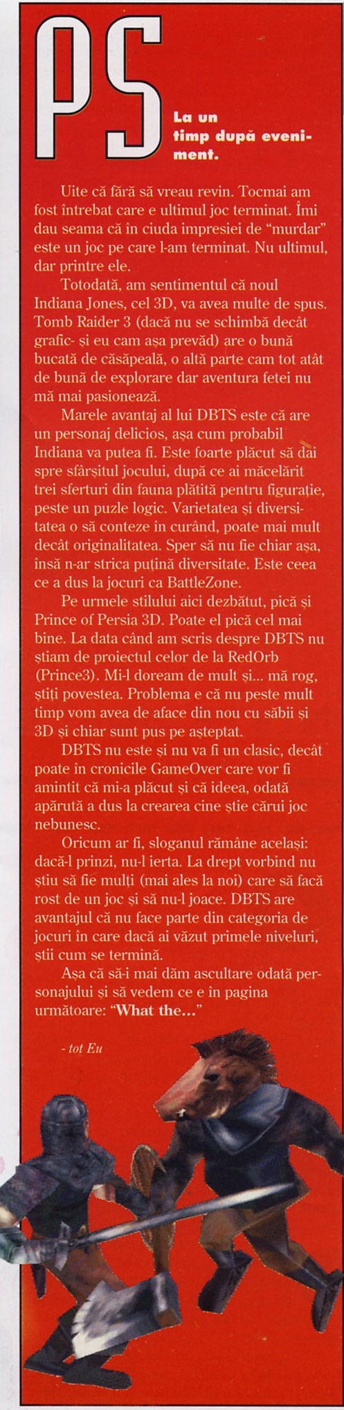 Caseta roșie „PS / La un timp după eveniment.”, semnată „- tot Eu”
