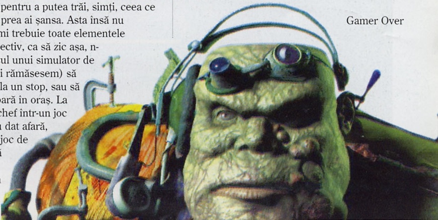Cap de extraterestru verde cu ochelari de protecție și antene, lângă un utilaj portocaliu; ilustrația iese din pagină pe dreapta și jos. Nu are chenar și textul curge în jurul ei, așa că dreptunghiul de decupaj prinde inevitabil sfârșiturile rândurilor din coloana 2 și semnătura din coloana 3.