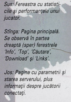 Blocul de legende al paginii: „Sus: Fereastra cu statisticile și performanțele unui jucator. Stînga: Pagina principală. Se observă în partea dreaptă (sper) ferestrele ‘Info’, ‘Top’, ‘Căutare’, ‘Download’ și ‘Links’. Jos: Pagina cu parametrii și starea serverului, plus informații despre jucatorii conectați."
