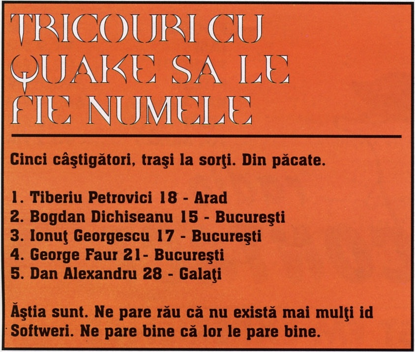 Caseta portocalie cu cei cinci câștigători ai concursului „Tricouri cu Quake sa le fie numele".