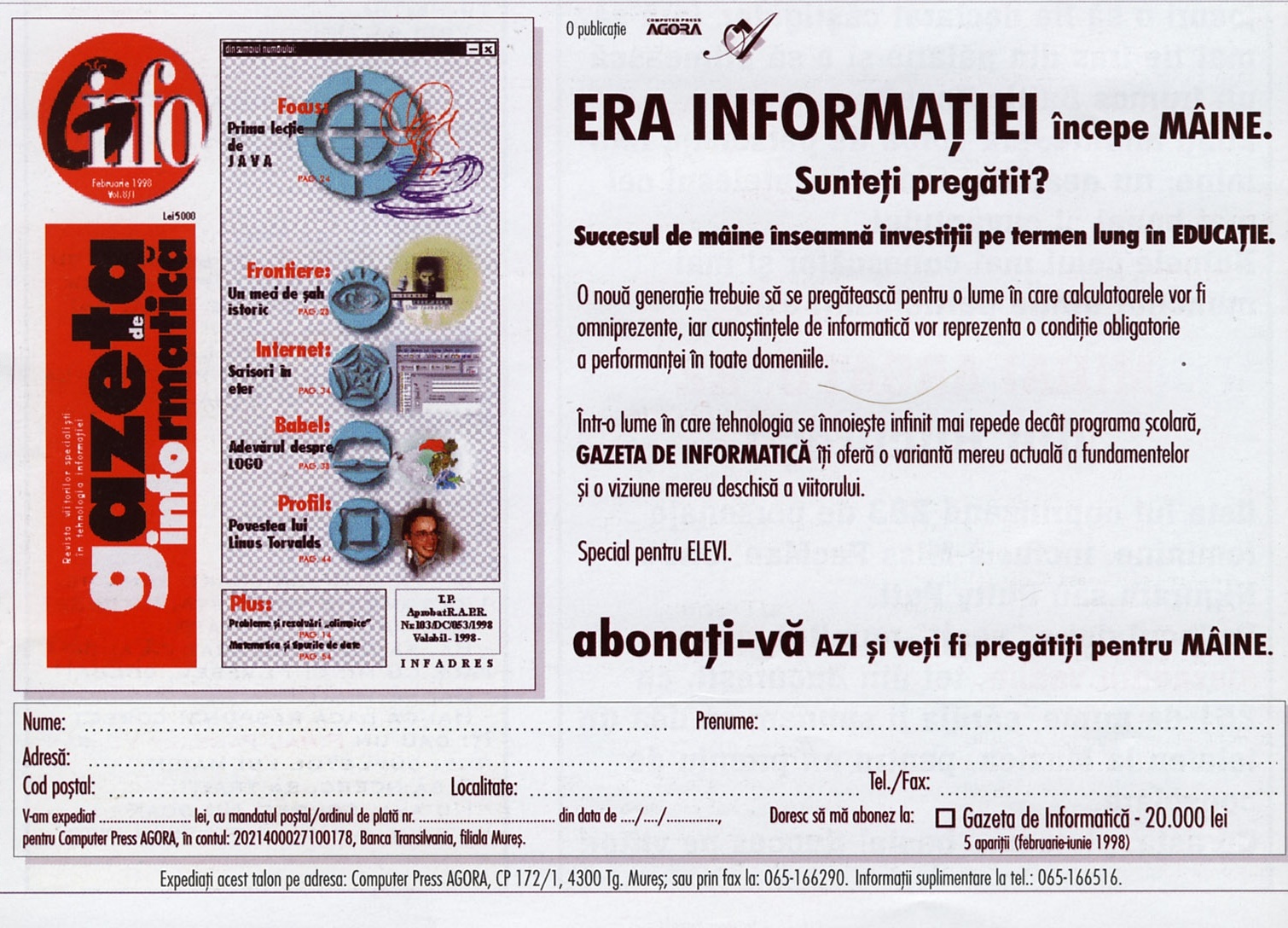 Reclamă — Gazeta de Informatică (Computer Press AGORA), cu talon de abonament