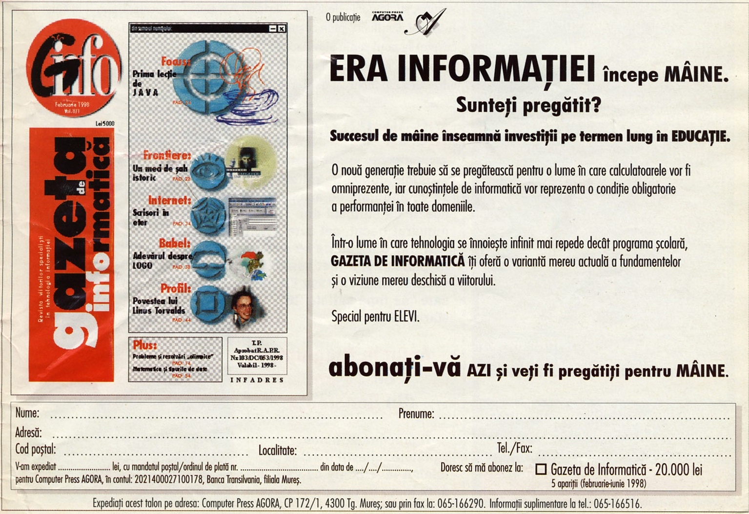 Reclama Gazeta de Informatică — macheta copertii numărului Februarie 1998 (Vol. 8/1, Lei 5000) în stânga, textul publicitar în dreapta și talonul de abonare pe toată lățimea, jos