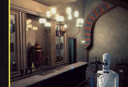 Screenshot Grim Fandango: Manny Calavera langa un bar, oglinzi si candelabre