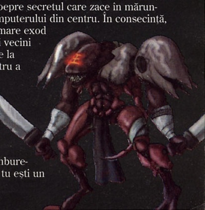 Ilustrație decorativă: creatură roșiatică cu patru brațe și săbii, care se întinde până la marginea din dreapta-jos a paginii, cu textul coloanei 3 înfășurat neregulat în jurul ei; câteva cuvinte din text au fost prinse la margine, conform excepției pentru ilustrații neregulate (SPEC 4.3 pas 4).