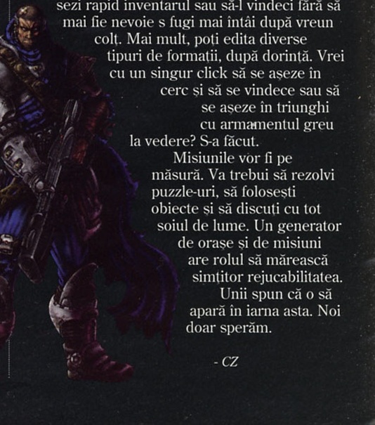 Ilustrație decorativă: mercenar înarmat în armură, care se întinde până la marginea din dreapta-jos a paginii, cu textul coloanei 3 înfășurat neregulat în jurul lui; câteva cuvinte din text au fost prinse la margine, conform excepției pentru ilustrații neregulate (SPEC 4.3 pas 4).