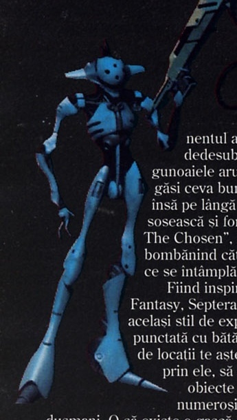 Ilustrație decorativă: robotul "Junk Scavenger" (gunoierul din Septera Core), care se întinde până la marginea din stânga-sus a paginii, cu textul coloanei 1 înfășurat neregulat în jurul lui; câteva cuvinte din text au fost prinse la margine, conform excepției pentru ilustrații neregulate (SPEC 4.3 pas 4).