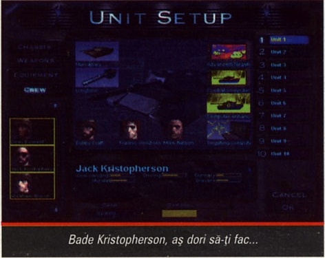 Ecranul "Unit Setup" cu echipajul tancului — "Bade Kristopherson, aş dori să-ţi fac..."