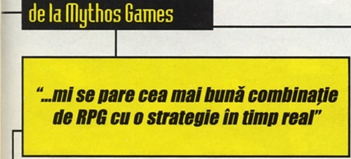 Tab "de la Mythos Games" și caseta galbenă de pull-quote: "...mi se pare cea mai bună combinație de RPG cu strategie în timp real"