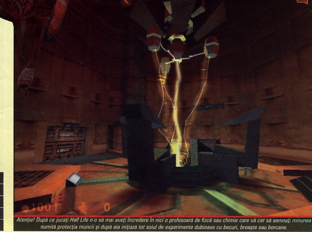 Screenshot: camera de cercetare cu robotul-păianjen suspendat şi un arc electric vertical, HUD cu 100 şi 0