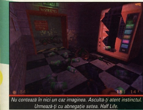 Screenshot: culoar cu automat de băuturi spart şi un frigider marcat "RESTRICTED", cadavre pe podeaua în carouri