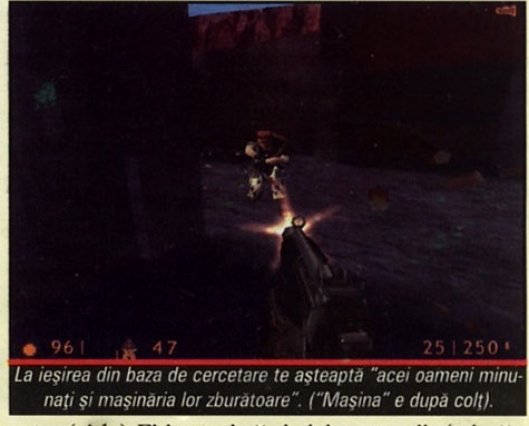 Screenshot: exterior stâncos, o siluetă umanoidă luminoasă în depărtare ţintuită cu arma